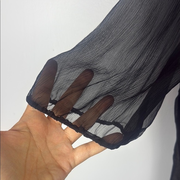 Bob Mackie 100% Silk Classic Black Sheer Blouse with Mandarin Collar Size Large - Picture 5 of 8